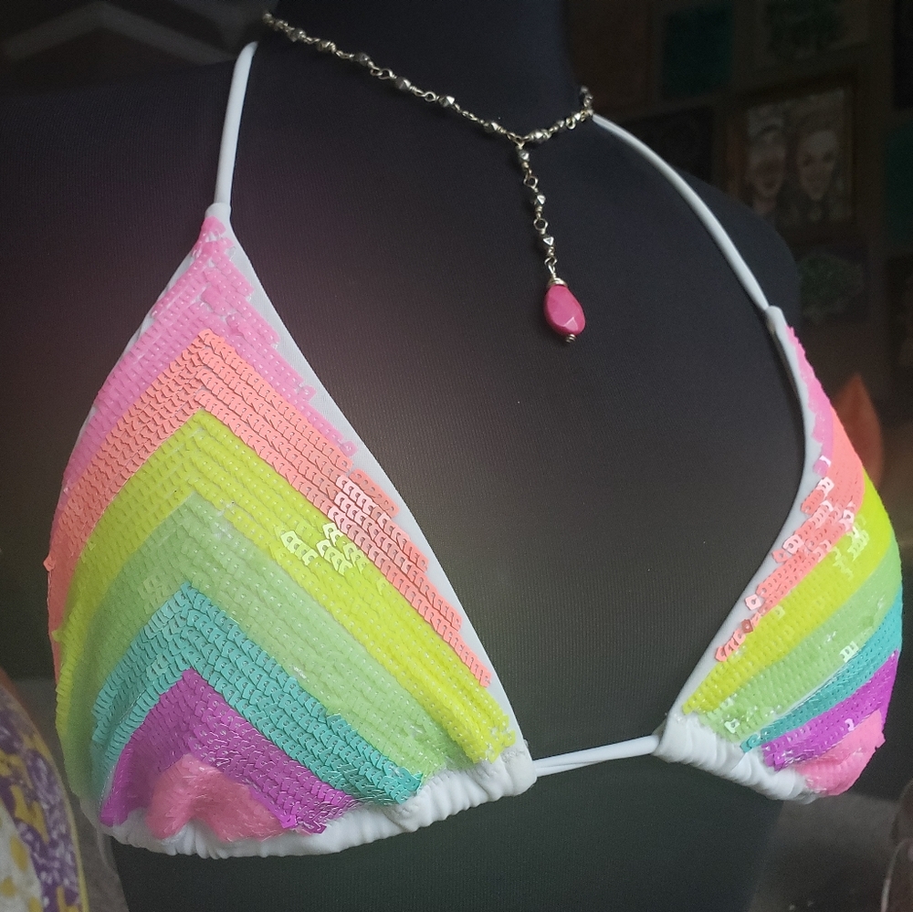 Neon Sequin Triangle Bikini Top